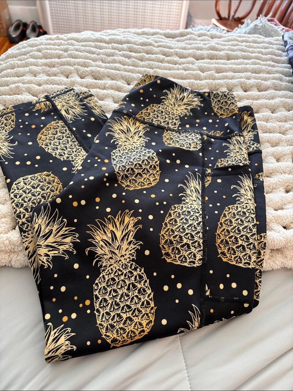 Black capri Leggings with Gold Pineapple Print